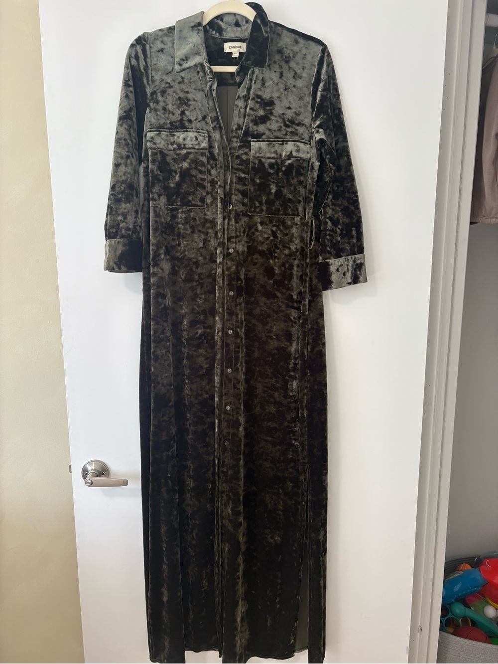 L'AGENCE Olive Green Velvet Maxi Shirt Dress